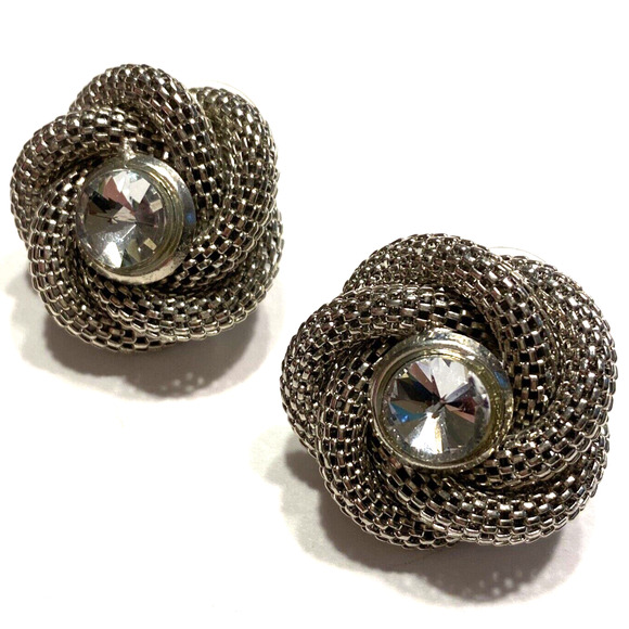 Vintage Y2K Pierced Earrings Silvertone Twisted Mesh & Clear Rhinestone Center - Picture 4 of 5